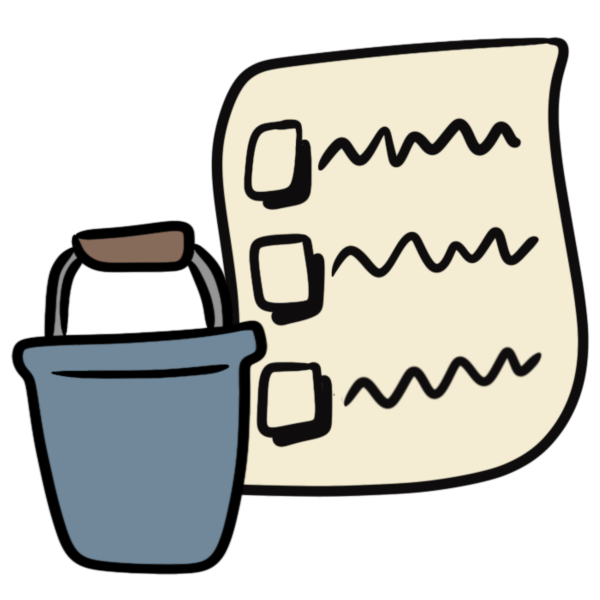  a blue bucket with a gray and brown handle next to a tan piece of paper with a three item checklist in fake writing on it.
